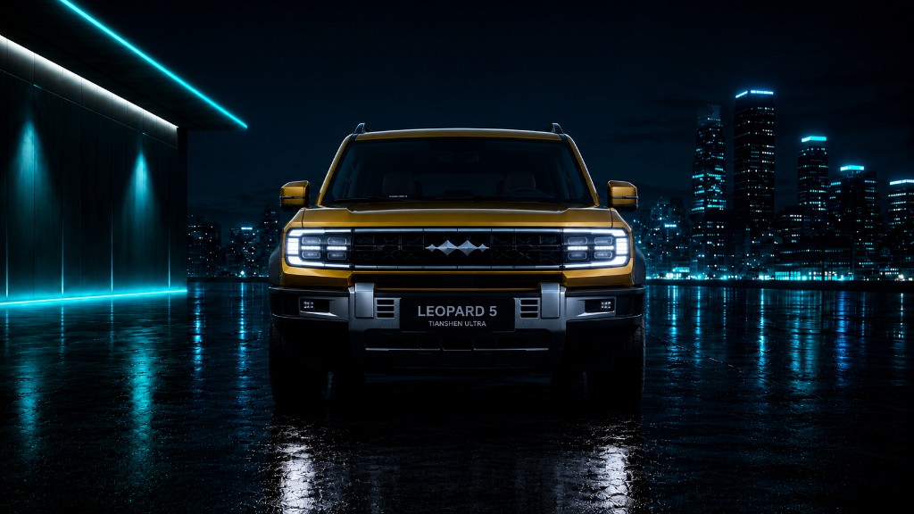 Leopard 5 — vista frontal nocturna con firma lumínica y skyline urbano
