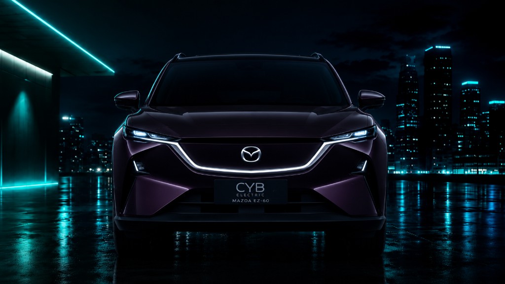 Mazda EZ-60 — vista frontal nocturna con firma lumínica LED y entorno urbano